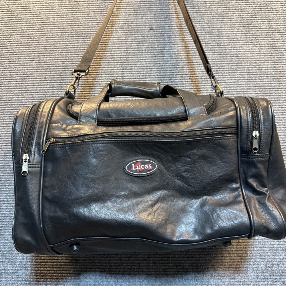 VTG LucasGenuine Leather Weekender DuffleBag UEC Black CarryOn Overnight Travel